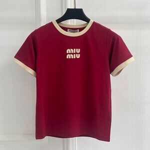 Miu Miu Burgundy Color-Blocked Embroidered Logo Short-Sleeve T-Shirt, Size M.